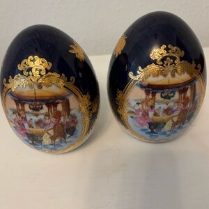 2 Vintage Fine Porcelain Limoges Large Victorian Colonial Cobalt Blue Eggs
